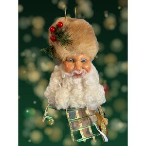 Handmade Folk Art Russian Style Santa Ornament Fur Hat Holly Green Gold Ribbon 9